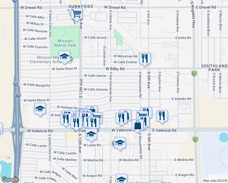 map of restaurants, bars, coffee shops, grocery stores, and more near 266 West Calle Antonia in Tucson