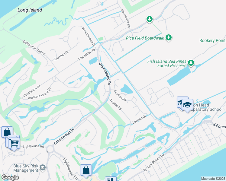 map of restaurants, bars, coffee shops, grocery stores, and more near 67 Lawton Road in Hilton Head Island