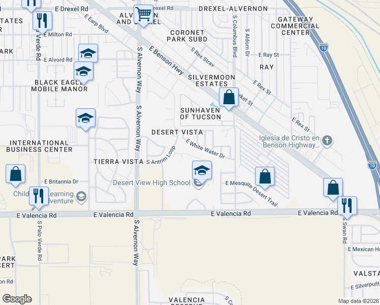 map of restaurants, bars, coffee shops, grocery stores, and more near 4098 East White Water Drive in Tucson