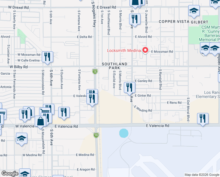 map of restaurants, bars, coffee shops, grocery stores, and more near 6227 South Southland Boulevard in Tucson