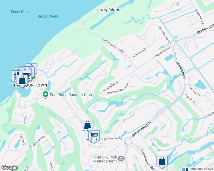 map of restaurants, bars, coffee shops, grocery stores, and more near 48 Plantation Drive in Hilton Head Island