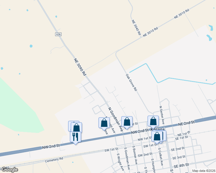 map of restaurants, bars, coffee shops, grocery stores, and more near 708 Overlook Drive North in Kerens