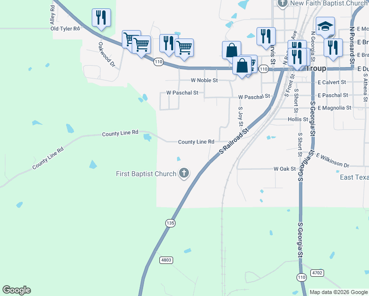 map of restaurants, bars, coffee shops, grocery stores, and more near 1122 County Line Road in Troup