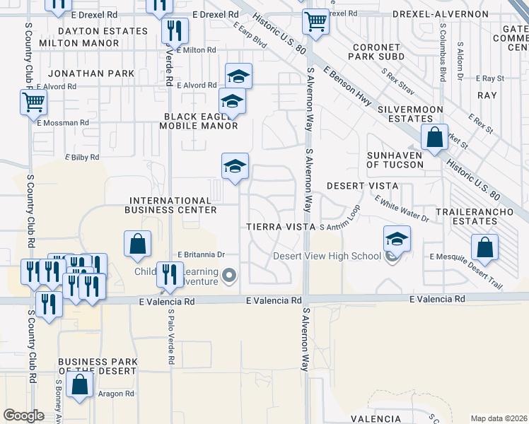 map of restaurants, bars, coffee shops, grocery stores, and more near 6258 South Sun View Way in Tucson