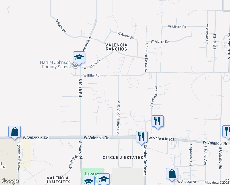map of restaurants, bars, coffee shops, grocery stores, and more near 4821 West Bilby Road in Tucson