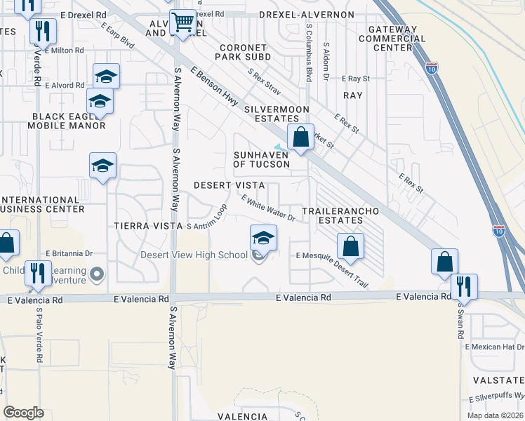map of restaurants, bars, coffee shops, grocery stores, and more near 4154 East White Water Drive in Tucson