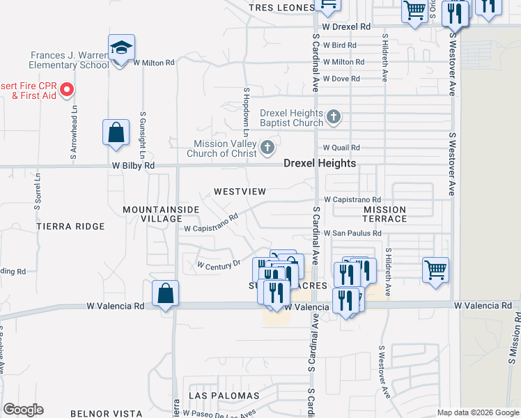map of restaurants, bars, coffee shops, grocery stores, and more near 3025 West Capistrano Road in Tucson