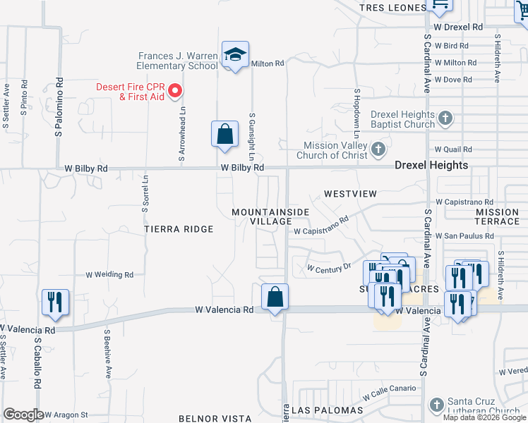 map of restaurants, bars, coffee shops, grocery stores, and more near 6213 South Barrister Road in Tucson