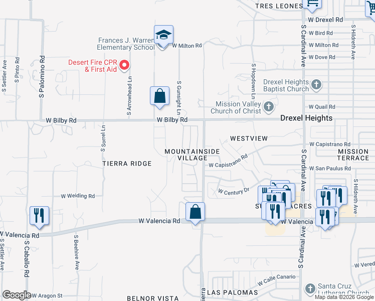 map of restaurants, bars, coffee shops, grocery stores, and more near 6213 South Barrister Road in Tucson