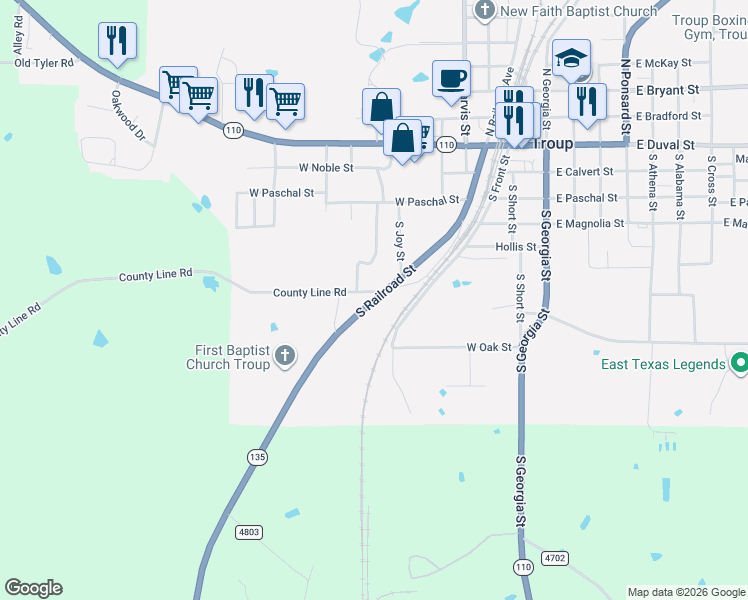 map of restaurants, bars, coffee shops, grocery stores, and more near 611 South Railroad Street in Troup