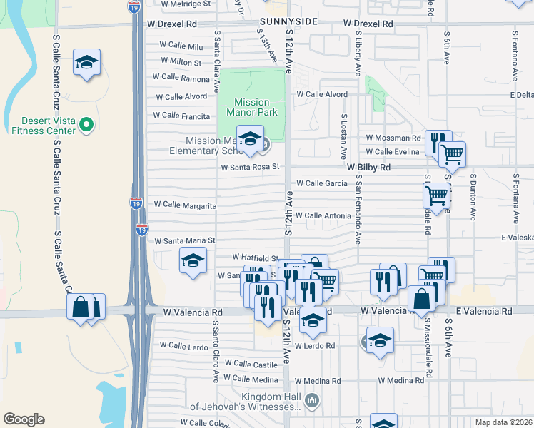 map of restaurants, bars, coffee shops, grocery stores, and more near 634 West Calle Antonia in Tucson
