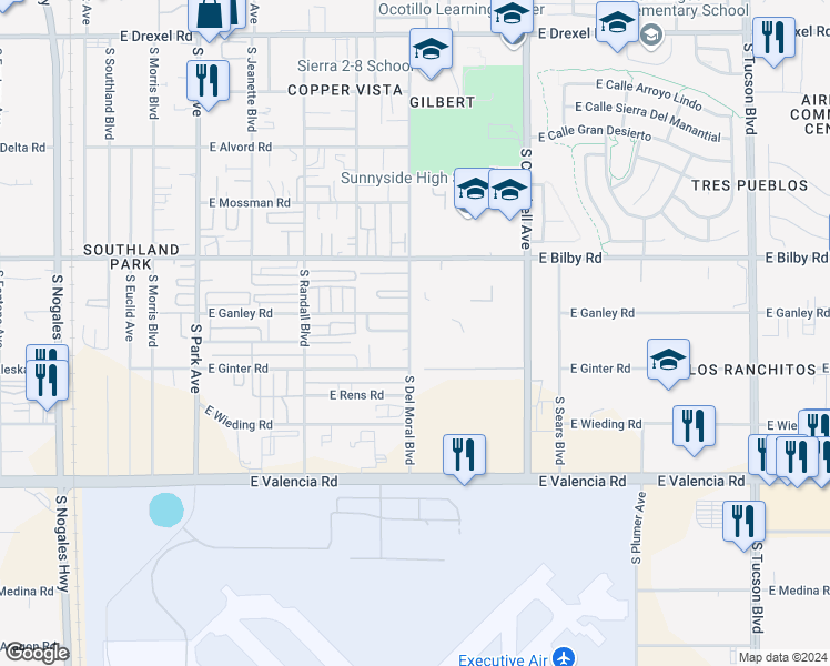 map of restaurants, bars, coffee shops, grocery stores, and more near 6241 South Del Moral Boulevard in Tucson
