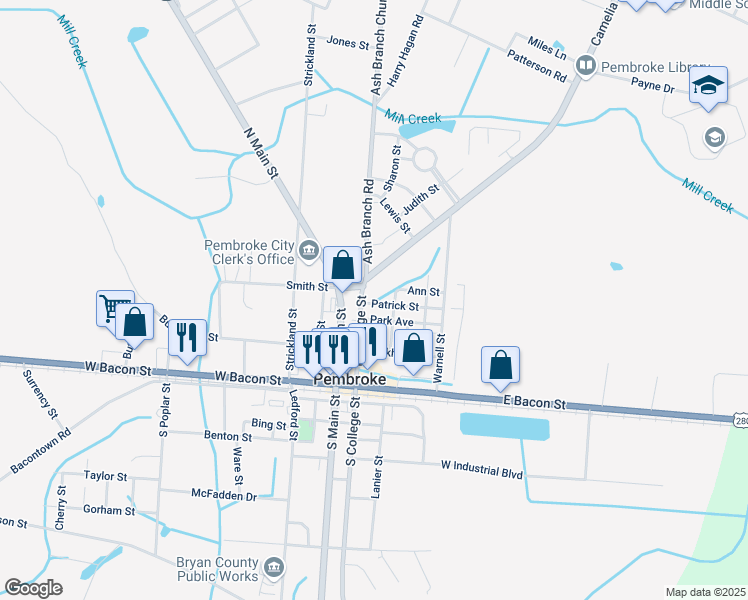 map of restaurants, bars, coffee shops, grocery stores, and more near 101 Patrick Street in Pembroke