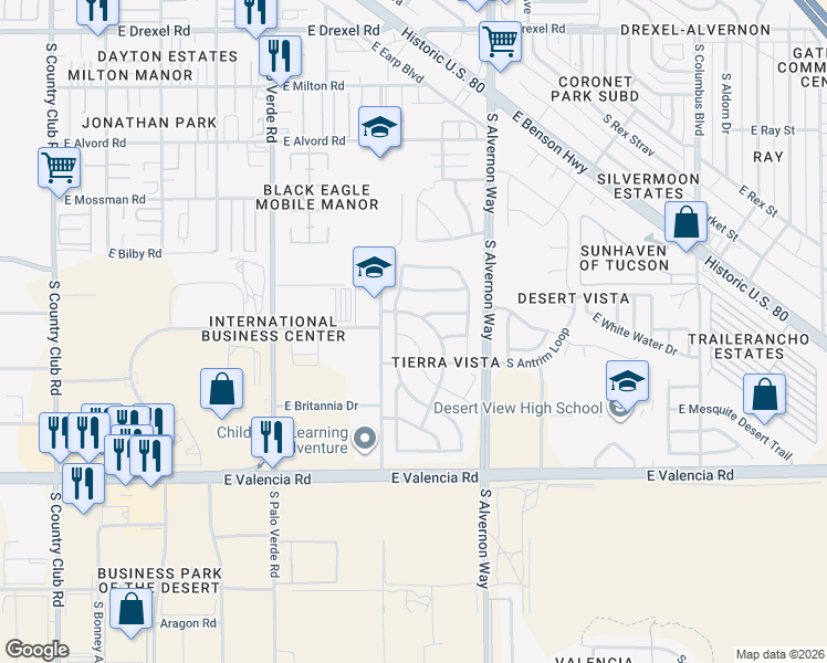 map of restaurants, bars, coffee shops, grocery stores, and more near 6258 South Sun View Way in Tucson
