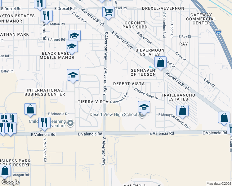 map of restaurants, bars, coffee shops, grocery stores, and more near 3976 East Isaiah Drive in Tucson