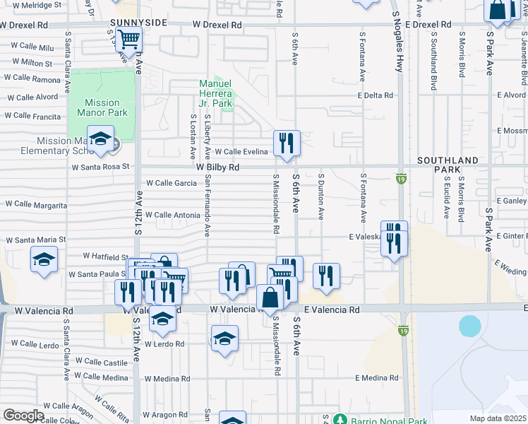 map of restaurants, bars, coffee shops, grocery stores, and more near 118 West Calle Antonia in Tucson