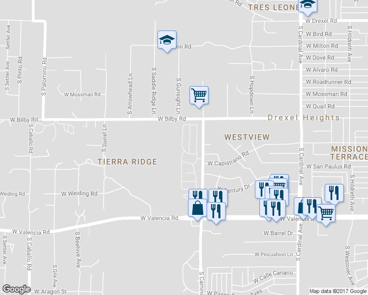 map of restaurants, bars, coffee shops, grocery stores, and more near 6213 South Barrister Road in Tucson