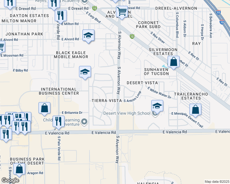 map of restaurants, bars, coffee shops, grocery stores, and more near 6249 South Earp Washington Lane in Tucson