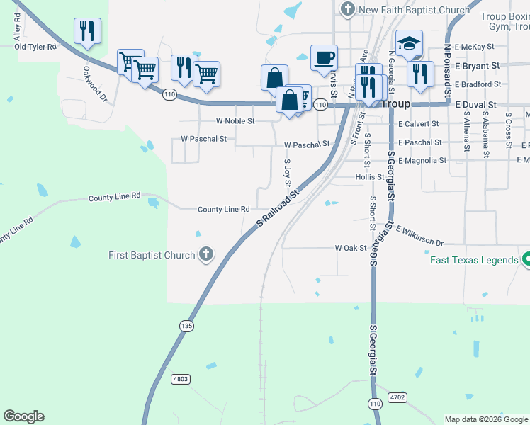 map of restaurants, bars, coffee shops, grocery stores, and more near 611 South Railroad Street in Troup