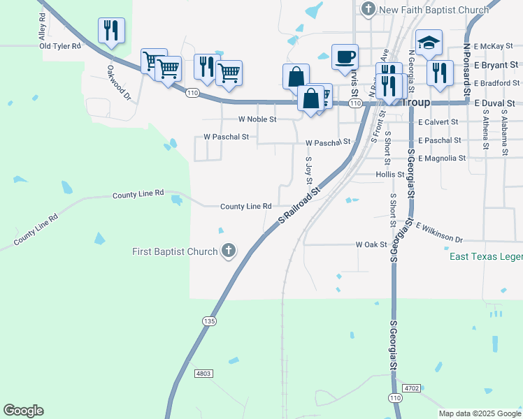 map of restaurants, bars, coffee shops, grocery stores, and more near 1008 County Line Road in Troup