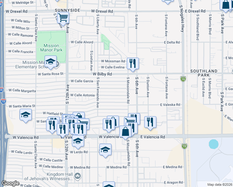 map of restaurants, bars, coffee shops, grocery stores, and more near 218 West Calle Antonia in Tucson