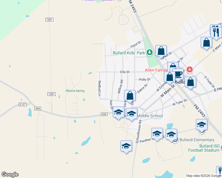 map of restaurants, bars, coffee shops, grocery stores, and more near 110 Bois D Arc Drive in Bullard