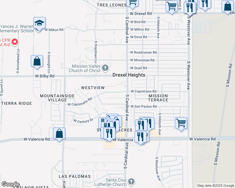 map of restaurants, bars, coffee shops, grocery stores, and more near 2943 West Capistrano Road in Tucson