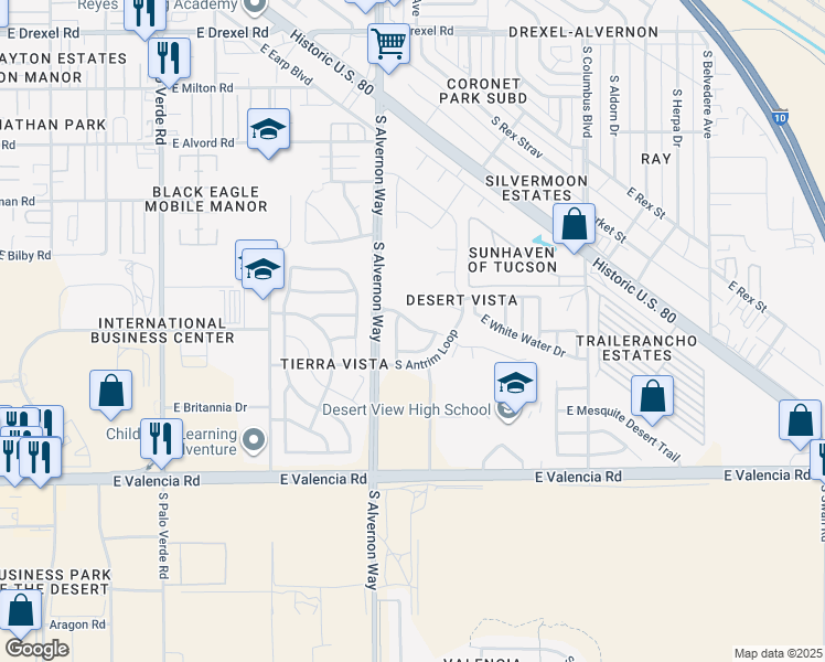 map of restaurants, bars, coffee shops, grocery stores, and more near 3970 East Isaiah Drive in Tucson