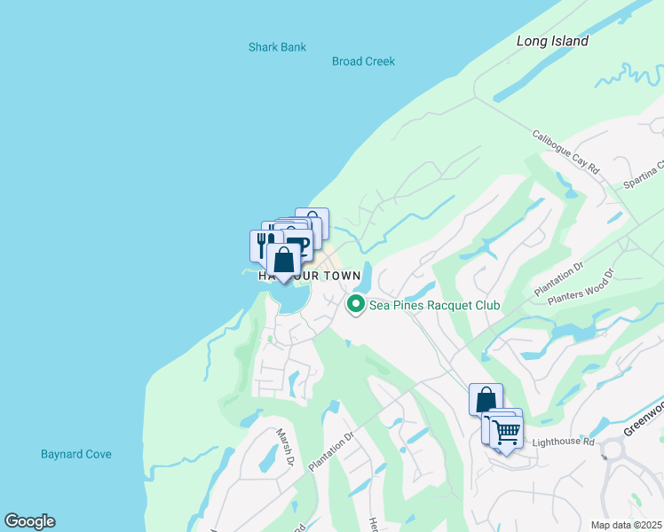 map of restaurants, bars, coffee shops, grocery stores, and more near 139 Lighthouse Road in Hilton Head Island