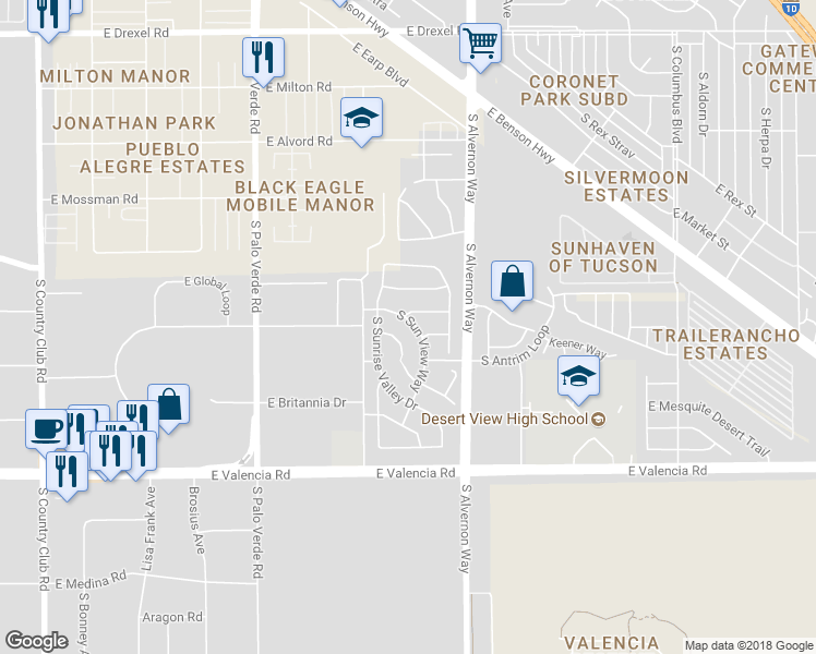 map of restaurants, bars, coffee shops, grocery stores, and more near 6254 South Sun View Way in Tucson