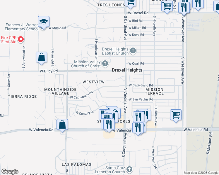 map of restaurants, bars, coffee shops, grocery stores, and more near 3001 West Capistrano Road in Tucson