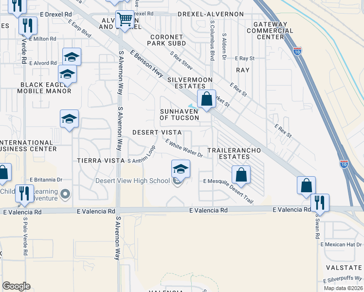 map of restaurants, bars, coffee shops, grocery stores, and more near 6236 South Blue Water Drive in Tucson