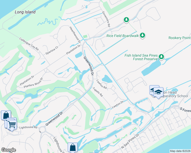 map of restaurants, bars, coffee shops, grocery stores, and more near 67 Lawton Road in Hilton Head Island