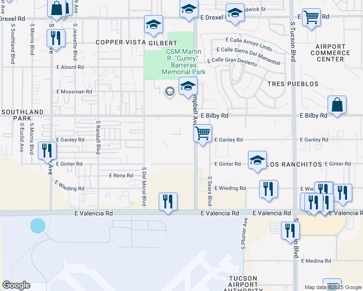 map of restaurants, bars, coffee shops, grocery stores, and more near 6240 South Campbell Avenue in Tucson
