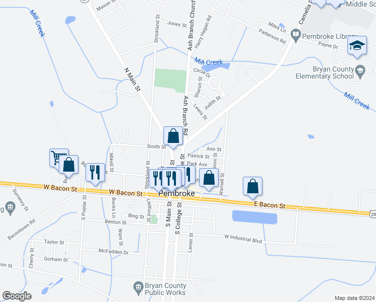 map of restaurants, bars, coffee shops, grocery stores, and more near 101 Patrick Street in Pembroke