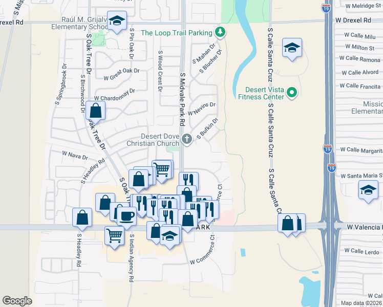 map of restaurants, bars, coffee shops, grocery stores, and more near 6163 South Midvale Park Road in Tucson