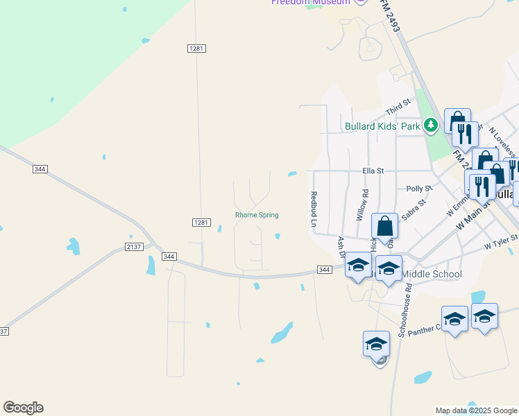 map of restaurants, bars, coffee shops, grocery stores, and more near 1033 Stagecoach Bend in Bullard