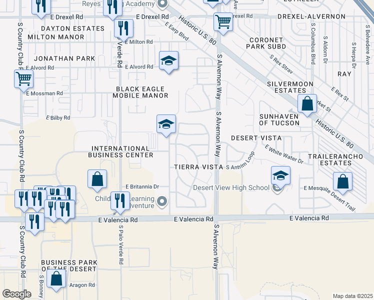 map of restaurants, bars, coffee shops, grocery stores, and more near 6246 South Sun View Way in Tucson