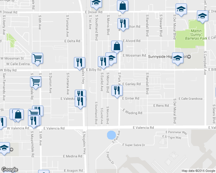 map of restaurants, bars, coffee shops, grocery stores, and more near 6211 South Morris Boulevard in Tucson