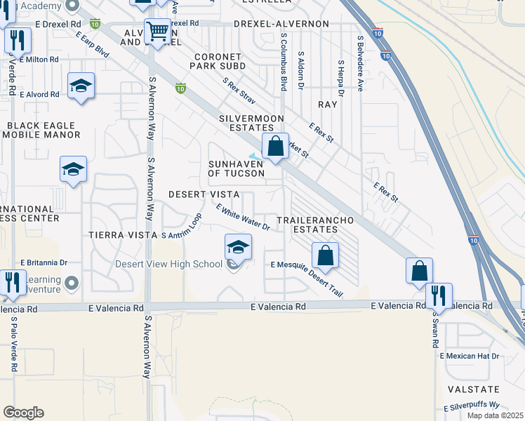 map of restaurants, bars, coffee shops, grocery stores, and more near 4221 East Calm Water Drive in Tucson