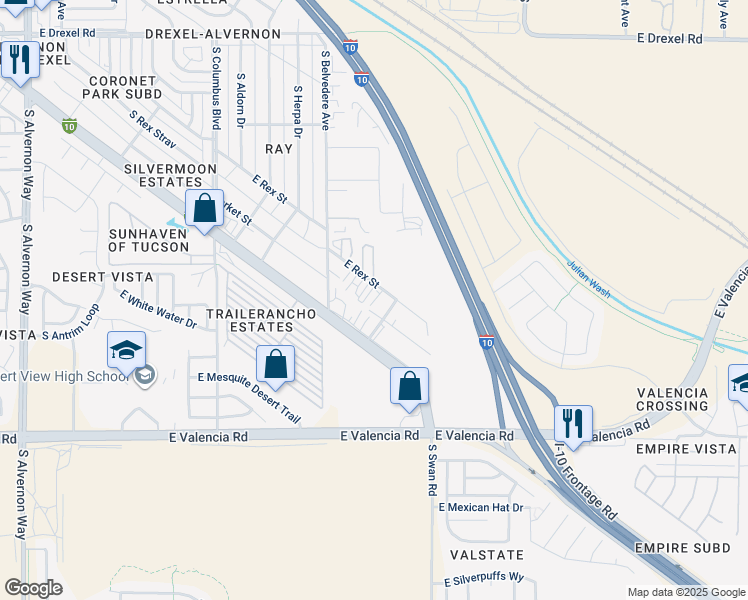 map of restaurants, bars, coffee shops, grocery stores, and more near 4550 East Rex Street in Tucson