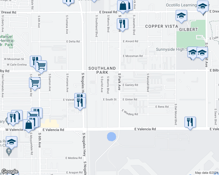 map of restaurants, bars, coffee shops, grocery stores, and more near 6210 South Morris Boulevard in Tucson