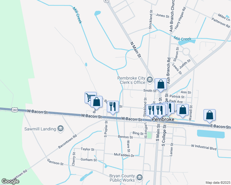 map of restaurants, bars, coffee shops, grocery stores, and more near 438 Burkhalter Street in Pembroke