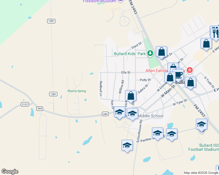 map of restaurants, bars, coffee shops, grocery stores, and more near 110 Bois D Arc Drive in Bullard