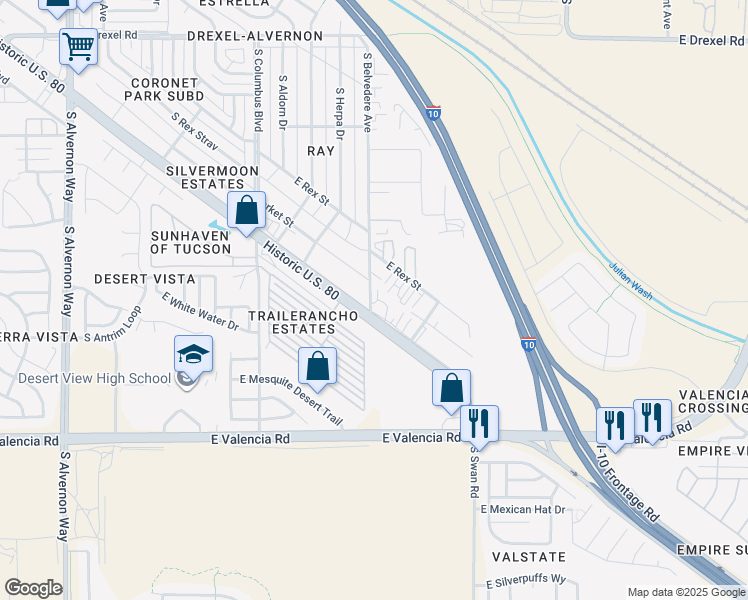 map of restaurants, bars, coffee shops, grocery stores, and more near 6193 South Belvedere Avenue in Tucson