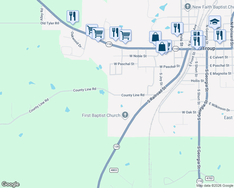 map of restaurants, bars, coffee shops, grocery stores, and more near 1122 County Line Road in Troup