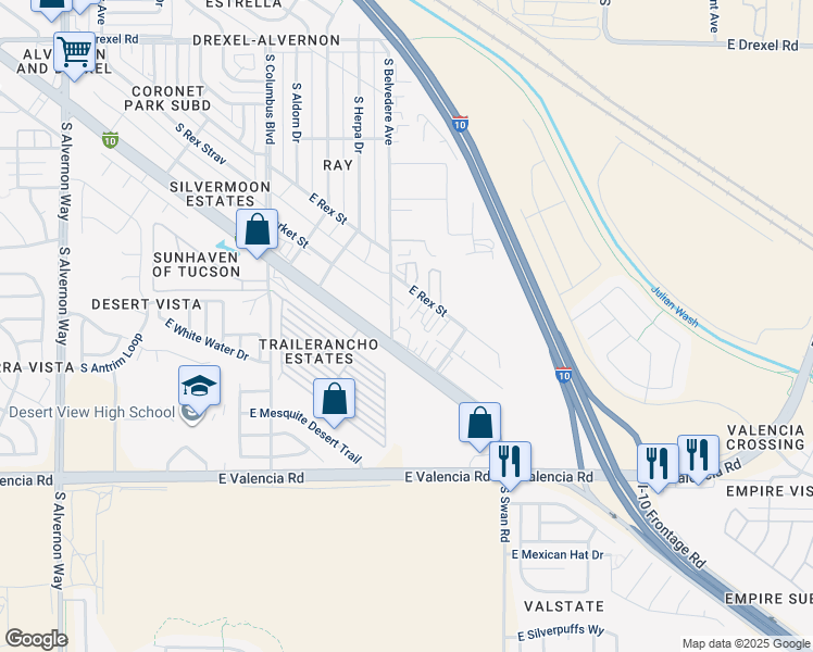 map of restaurants, bars, coffee shops, grocery stores, and more near 6193 South Belvedere Avenue in Tucson