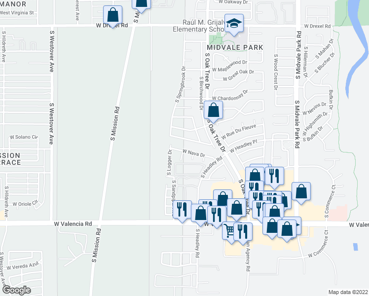 map of restaurants, bars, coffee shops, grocery stores, and more near 1956 West Nava Drive in Tucson