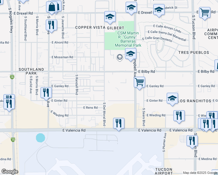 map of restaurants, bars, coffee shops, grocery stores, and more near 6241 South Del Moral Boulevard in Tucson