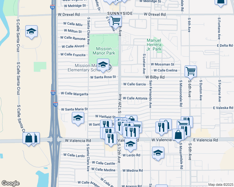 map of restaurants, bars, coffee shops, grocery stores, and more near 601 West Calle Margarita in Tucson